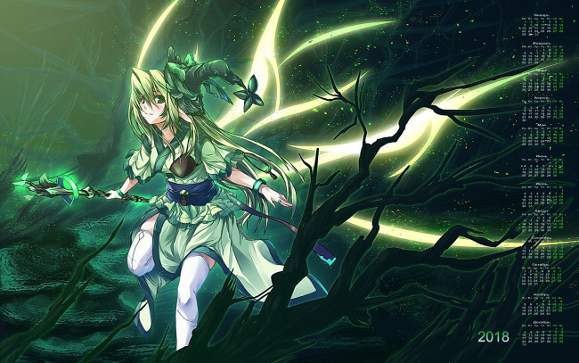 Обои картинки фото календари, аниме, 2018, посох, ветки, шляпа, девушка