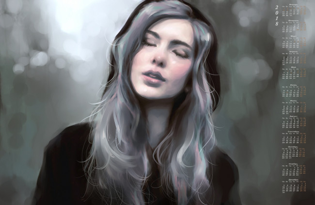 Обои картинки фото календари, рисованные,  векторная графика, капюшон, лицо, девушка, 2018