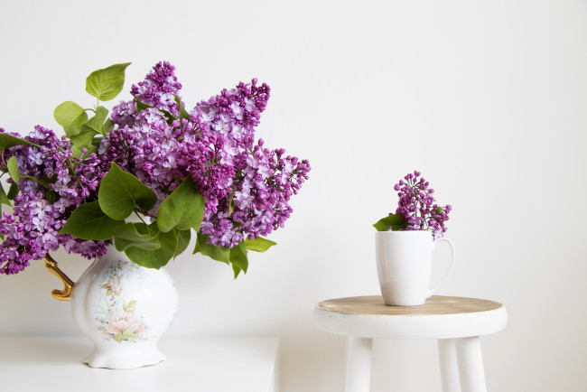 Обои картинки фото цветы, сирень, ваза, букет, кружка