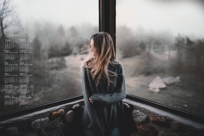 Обои картинки фото календари, девушки, профиль, 2018, окно