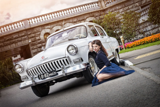 Обои картинки фото волга газ- 21, автомобили, -авто с девушками, девушка, автомобиль, газ-, 21, волга
