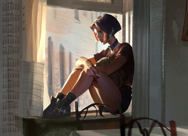 Обои картинки фото леон, календари, кино,  мультфильмы, 2018, окно, сигарета, девушка