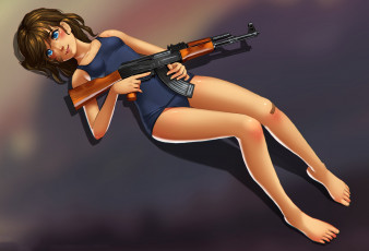 Картинка аниме оружие +техника +технологии девушка фон взгляд автомат