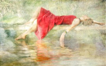 Картинка рисованное люди мост блондинка девушка озеро