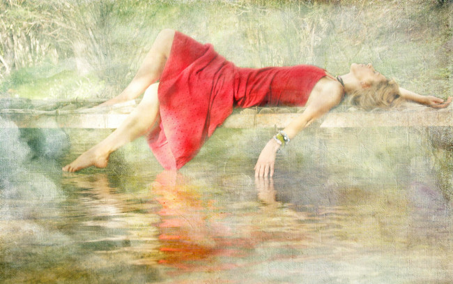 Обои картинки фото рисованное, люди, мост, блондинка, девушка, озеро