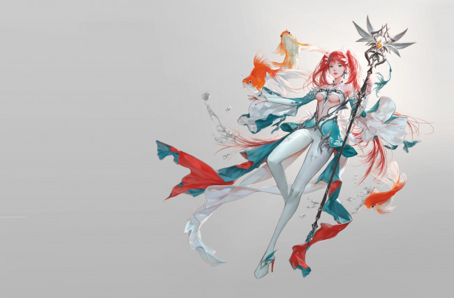 Обои картинки фото фэнтези, девушки, summoner, russian, blue, кои, посох, арт, рыбка, магия