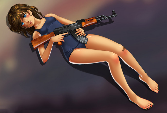 Обои картинки фото аниме, оружие,  техника,  технологии, девушка, фон, взгляд, автомат