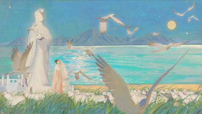 Обои картинки фото рисованное, люди, девушка, статуя, птицы