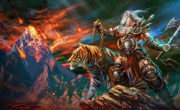 Картинка diablo+iii видео+игры мужчина фон тигр дождь астероид топор