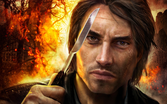 Обои картинки фото видео игры, alone in the dark, мужчина, лицо, нож, огонь