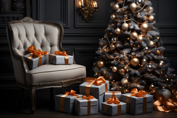 Картинка 3д+графика праздники+ holidays елка шарики свечи кресло подарки