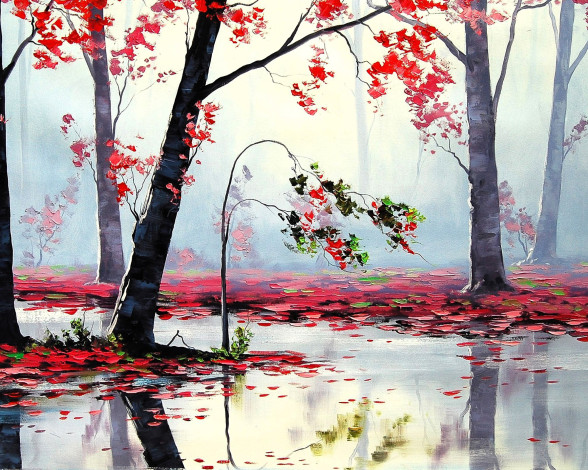 Обои картинки фото рисованное, живопись, лес, деревья, листья, лужи, осень
