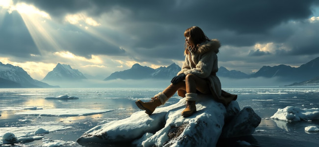 Обои картинки фото 3д графика, люди , people, девушка, шуба, штаны, сапоги, озеро, горы, лед, снег, зима