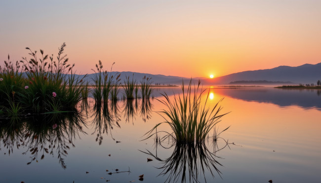 Обои картинки фото автор wp stl, 3д графика, природа , nature, горы, река, закат, камыши