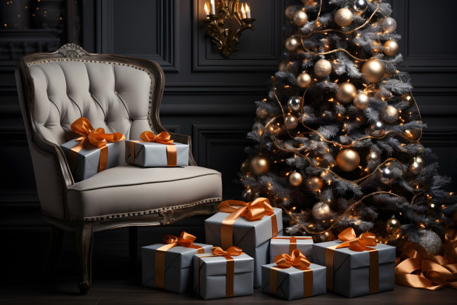 Обои картинки фото 3д графика, праздники , holidays, елка, шарики, свечи, кресло, подарки