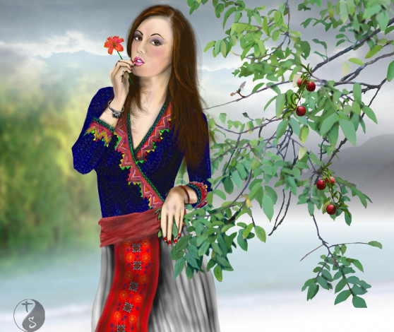 Обои картинки фото рисованные, люди, цветок, ветка, девушка