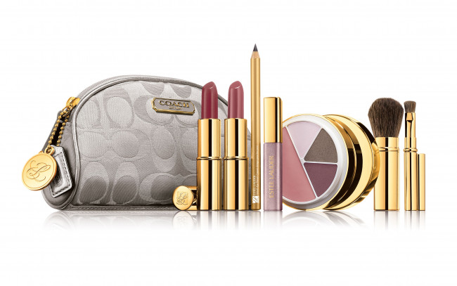 Обои картинки фото estee, lauder, бренды, косметичка, кисточка, блеск, карандаш, помада