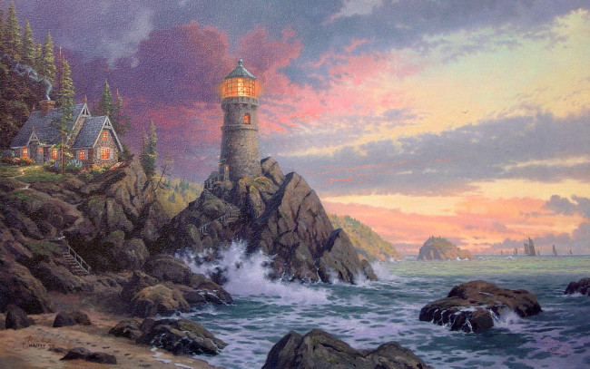 Обои картинки фото thomas, kinkade, рисованные, море, побережье, маяк