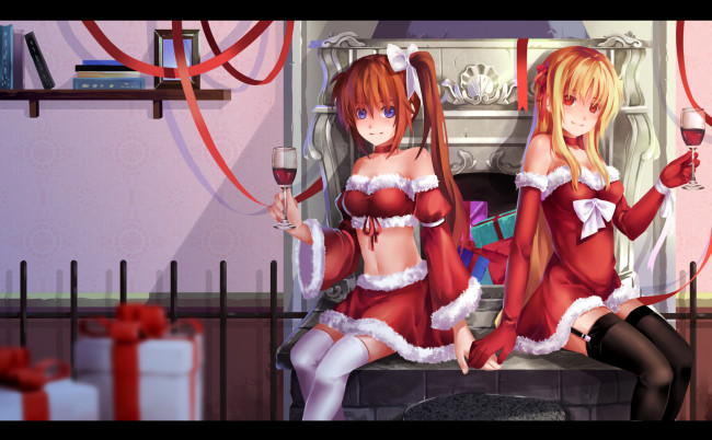 Обои картинки фото аниме, mahou, shoujo, lyrical, nanoha, merry, chrismas, ahou, fate, testarossa, takamachi