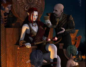 Картинка 3д+графика эльфы+ elves взгляд эльфийка мужчина рог кресло фон