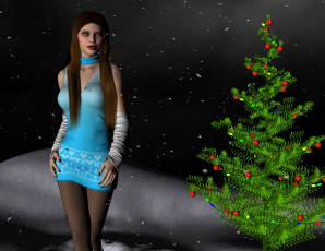 Картинка 3д+графика праздники+ holidays девушка елка фон взгляд