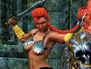 Картинка 3д+графика фантазия+ fantasy взгляд девушка фон существа косичка рыжая оружие