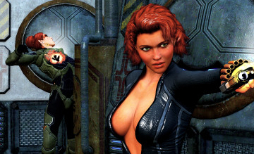 Картинка 3д+графика фантазия+ fantasy фон взгляд девушки рыжая оружие