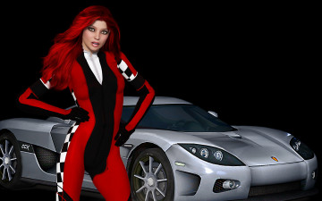 Картинка автомобили 3d+car&girl девушка взгляд фон автомобиль рыжая