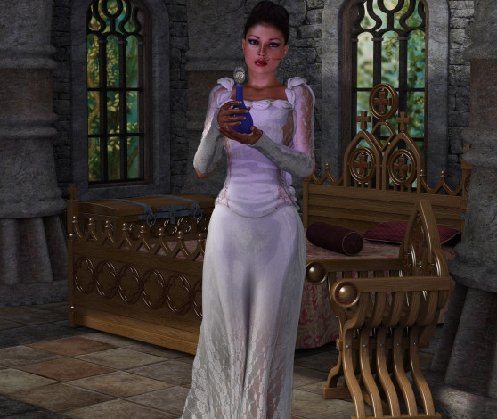 Обои картинки фото 3д графика, люди , people, эликсир, стул, стол, фон, взгляд, девушка