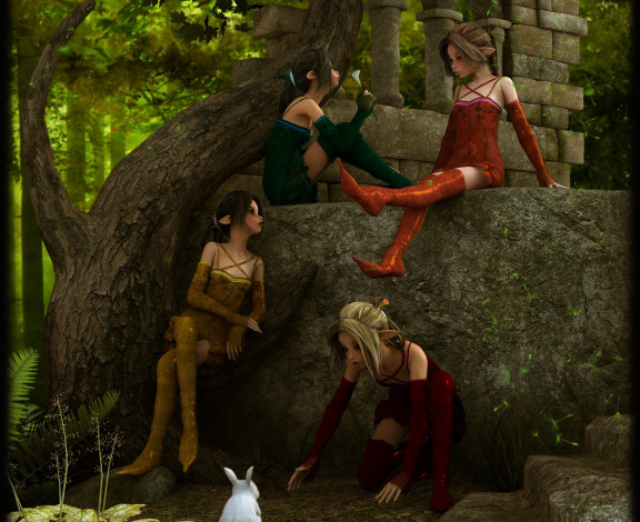 Обои картинки фото 3д графика, эльфы , elves, камни, дерево, фон, взгляд, эльфийки, строение