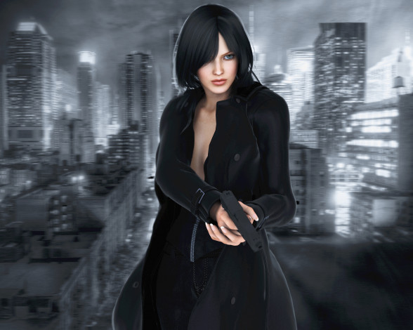 Обои картинки фото 3д графика, люди , people, оружие, фон, взгляд, девушка