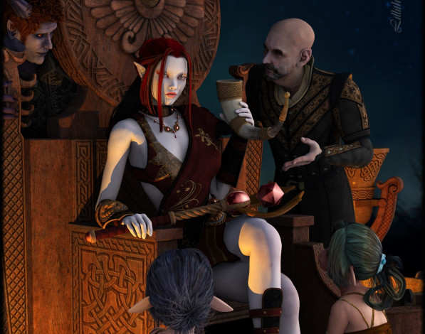 Обои картинки фото 3д графика, эльфы , elves, взгляд, эльфийка, мужчина, рог, кресло, фон