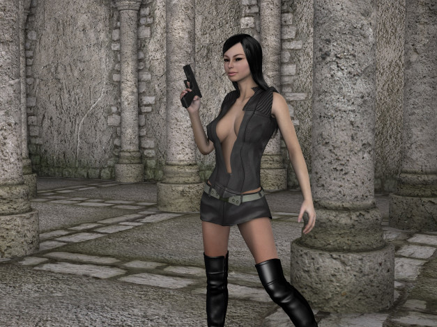 Обои картинки фото 3д графика, люди , people, оружие, фон, взгляд, девушка