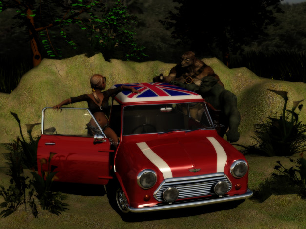 Обои картинки фото 3д графика, существа , creatures, существо, автомобиль, взгляд, девушка