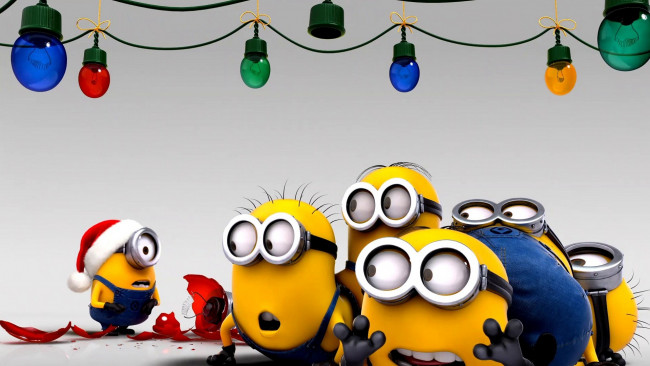 Обои картинки фото мультфильмы, minions, лампочки, миньоны, гирлянда, шары, очки, комбинезоны