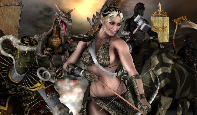 Обои картинки фото 3д графика, эльфы , elves, драконы, эльфийки, оружие, фон, взгляд