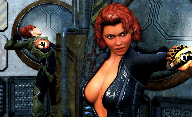 Обои картинки фото 3д графика, фантазия , fantasy, фон, взгляд, девушки, рыжая, оружие