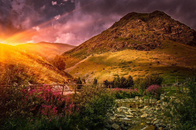 Обои картинки фото природа, восходы, закаты, заря, рнчка, горы, дорога