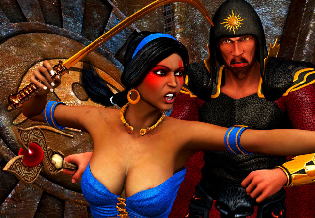 Обои картинки фото 3д графика, фантазия , fantasy, мужчина, взгляд, девушка, оружие, фон