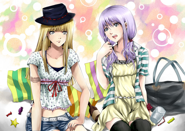 Обои картинки фото аниме, unknown,  другое, девушки, шляпа, конфеты, сумка