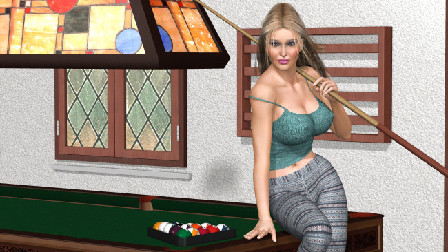 Обои картинки фото 3д графика, люди , people, бильярд, девушка, фон, взгляд