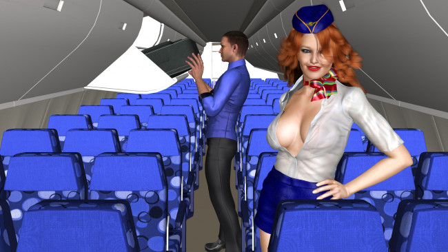 Обои картинки фото 3д графика, люди , people, фон, взгляд, девушка, салон, мужчина, улыбка