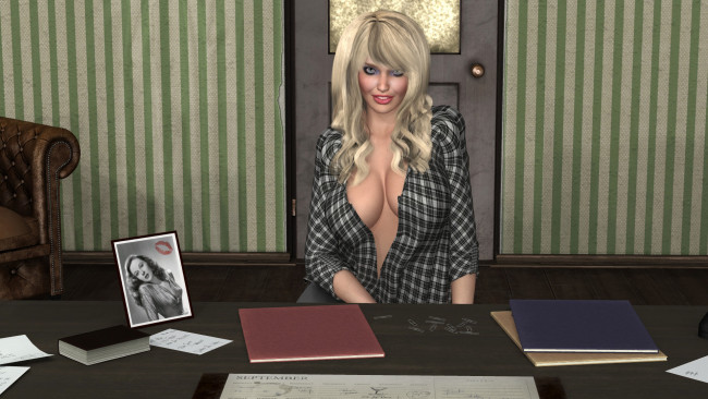 Обои картинки фото 3д графика, люди , people, офис, улыбка, взгляд, фон, девушка