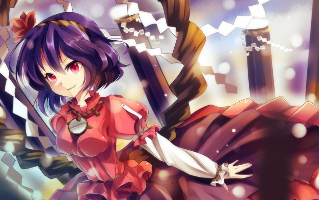 Обои картинки фото аниме, touhou, улыбка, платье, девушка, ленты