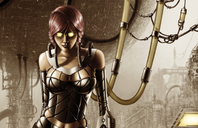 Обои картинки фото фэнтези, роботы,  киборги,  механизмы, костюм, девушка, трубки, глаза, фантастика, взгляд, киборг