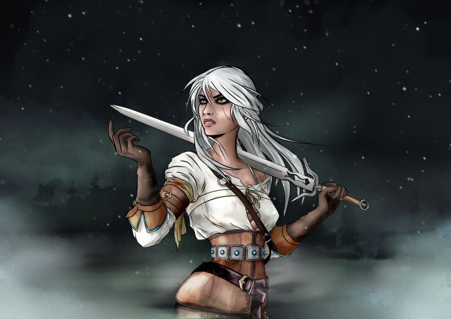 Обои картинки фото рисованное, люди, меч, фон, девушка