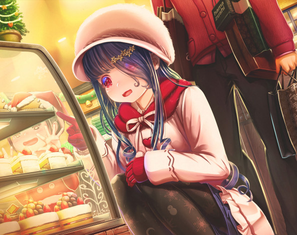 Обои картинки фото аниме, зима,  новый год,  рождество, девушка