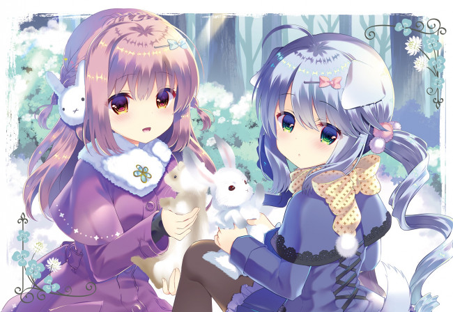 Обои картинки фото аниме, зима,  новый год,  рождество, фон, взгляд, девушки