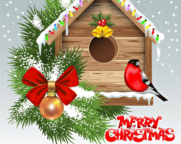 Обои картинки фото праздничные, векторная графика , новый год, птичка, бантик, гирлянды, ветка