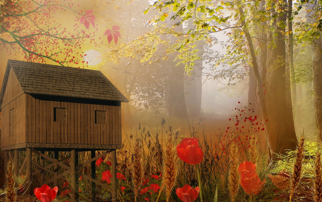 Обои картинки фото 3д графика, архитектура , architecture, дом, деревья, цветы, колосья